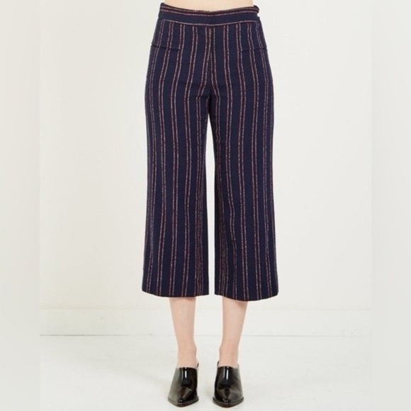 Carven Striped Cropped Gaucho Navy Cotton High Rise Trouser Pants Sz 38 - Picture 1 of 9